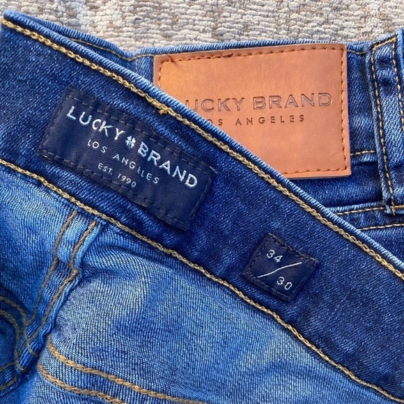 Men's Lucky Brand Jeans Blue 410 Straight Denim 34x30 Zip Logo Whiskers Gorpcore - Picture 12 of 12